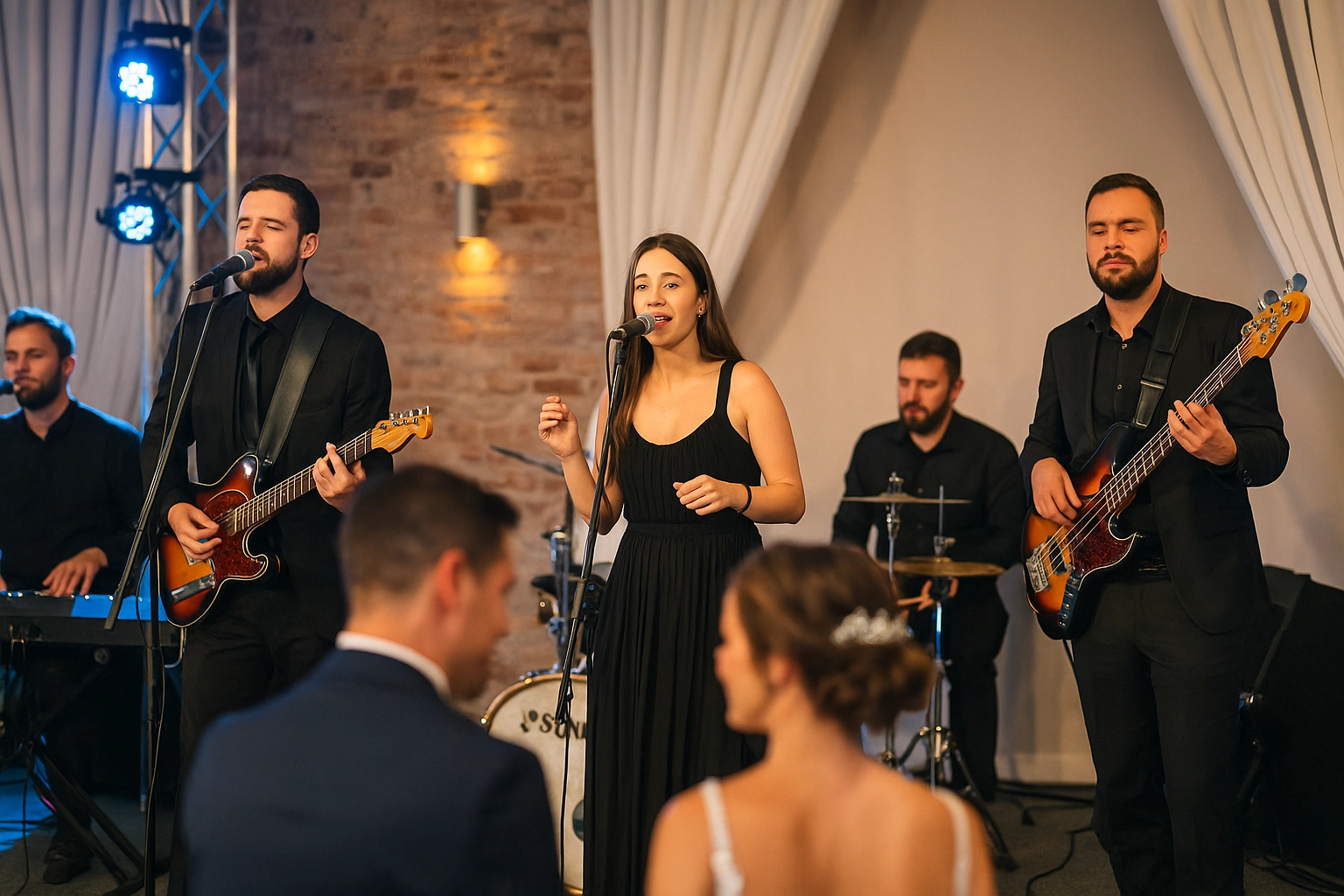 Bend na sceni svira uživo dok mladenci gledaju nastup tokom venčanja