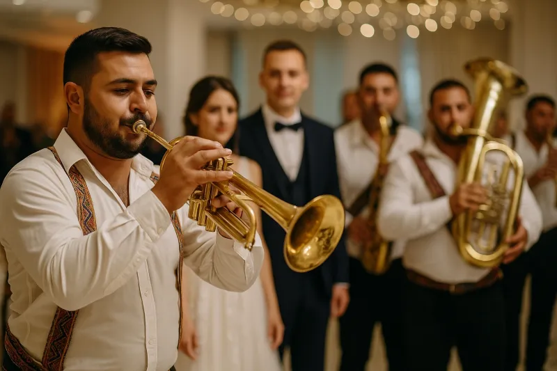 Srpski trubači u tradicionalnim prslucima sviraju na svadbi ispred mladenaca